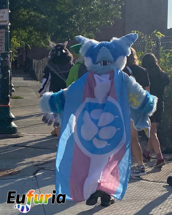 Rear shot of a bat fursuiter marching in the parade wearing a transgender pride cape with a paw symbol