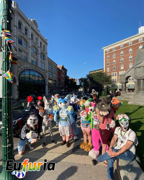Fursuit parade group photo from a higher angle